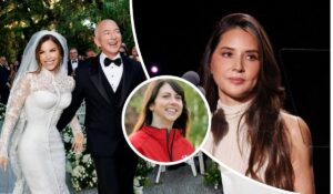 Jeff Bezos and Lauren Sanchez celebrate their wedding, with Bezos in a black tuxedo and Sanchez in a white lace gown. McKenzie Scott appears in a red jacket outdoors, while Olivia Munn is captured speaking at an event in a sleeveless white top. The collage reflects key figures connected to Bezos' personal life.