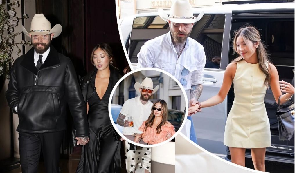 Post Malone and Christy Lee appear in multiple settings, showcasing their relationship and coordinated fashion. He wears variations of cowboy hats and casual outfits, while she complements him in stylish dresses ranging from black to peach tones. They are often seen holding hands, reflecting a close and affectionate bond.