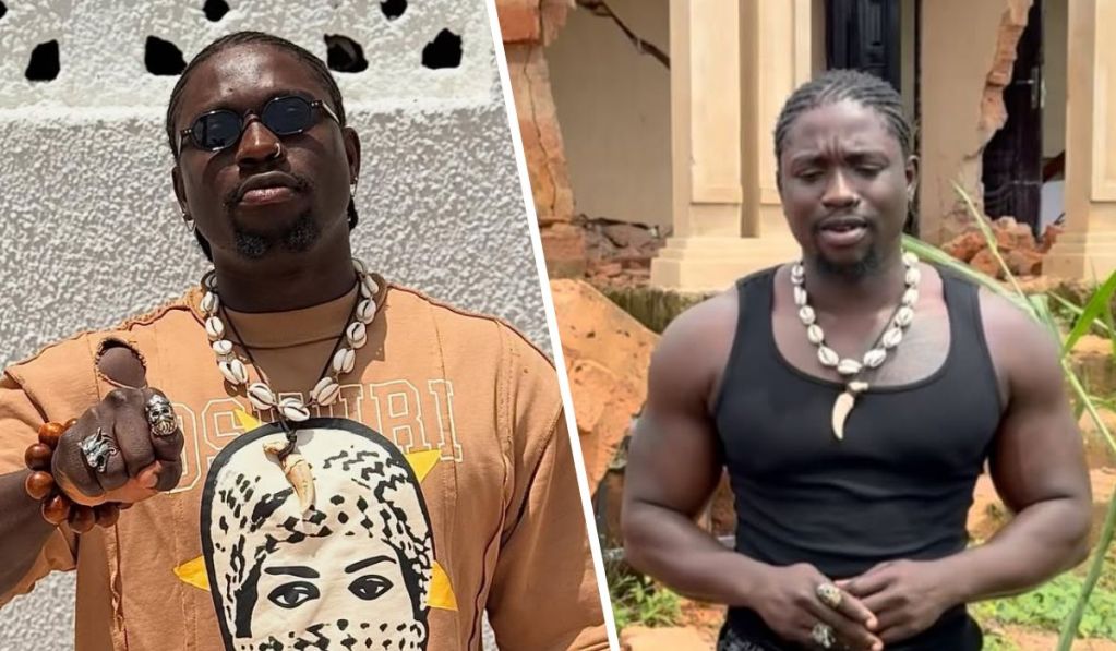 Activist VeryDarkMan appears in two contrasting settings: first in an orange "OSUARI" shirt, adorned with white bead necklaces and rings, pointing assertively; then in a black sleeveless shirt, revealing muscular arms, standing near a damaged brick structure surrounded by greenery.