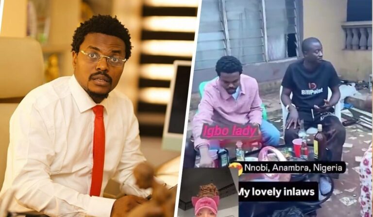 Bitcoin entrepreneur Blord, dressed in a white shirt and red tie, is pictured at a desk with a computer behind him. In a separate scene, he shares a relaxed outdoor moment with his in-law, who wears a pink shirt, amid drinks and casual conversation. The setting is identified as Nnobi, Anambra, Nigeria, with affectionate reference to his in-laws.