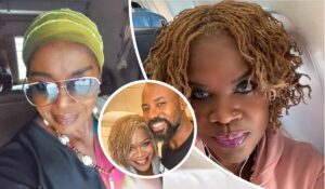 Rita Edochie appears in traditional attire with a yellow headwrap and beaded necklace, Linc Edochie is seen with short dreadlocks seated in an airplane, and Yinka Theisen poses indoors with short dreadlocks in a casual setting.