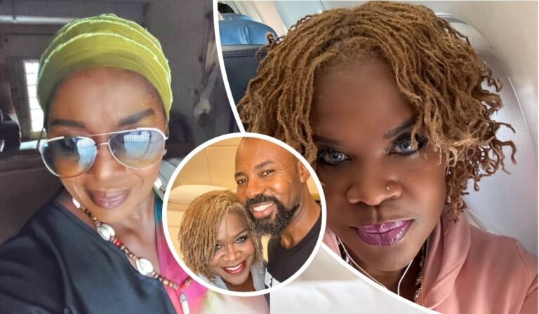 Rita Edochie appears in traditional attire with a yellow headwrap and beaded necklace, Linc Edochie is seen with short dreadlocks seated in an airplane, and Yinka Theisen poses indoors with short dreadlocks in a casual setting.