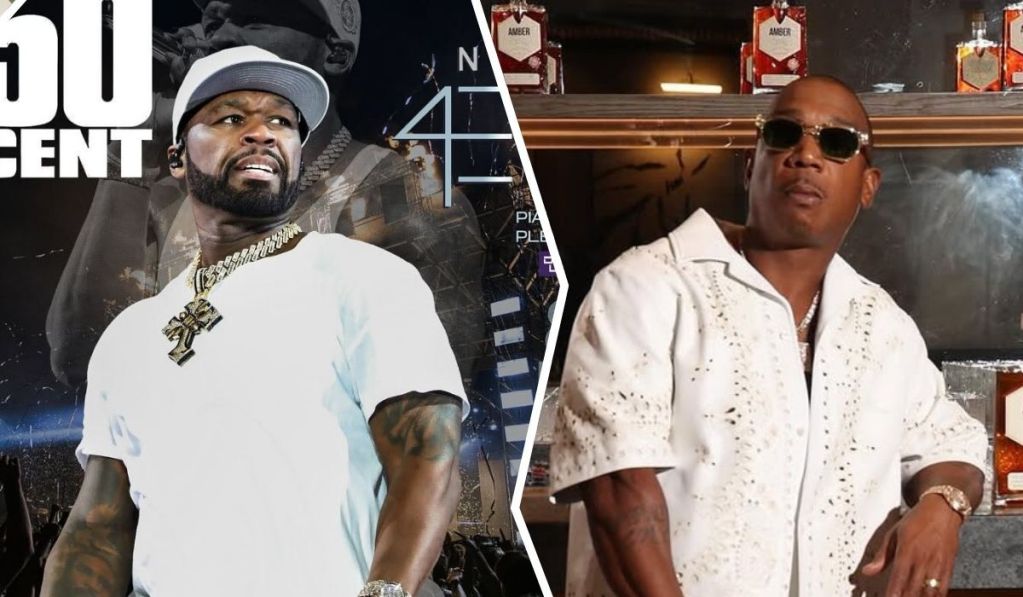 50 Cent stands on stage in a white t-shirt, cross pendant chain, and cap, set against a vibrant concert backdrop. Ja Rule appears separately, dressed in a white shirt with cutout details and a necklace, posed in front of a shelf stocked with "Amber" bottles.