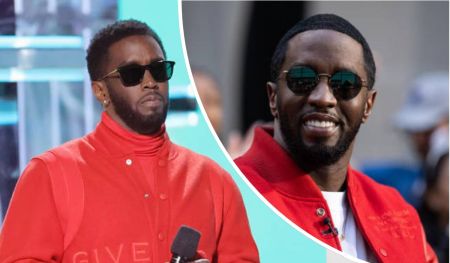 Rapper Diddy wears a red Givenchy jacket, holding a microphone on the left and shown in close-up on the right, with a turquoise overlay dividing the two scenes and a blurred crowd in the background.