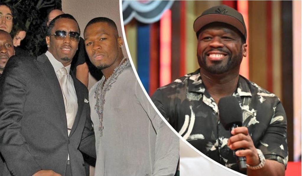 50 Cent and Diddy appear in contrasting settings—Diddy in a formal suit beside a companion in traditional attire, and 50 Cent in a patterned shirt and cap, speaking into a microphone during a public event. The collage captures their dynamic roles across fashion and media.