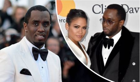 Diddy and Cassie appear at separate red carpet events, dressed in elegant formalwear—Diddy in white and black tuxedos, and Cassie in a white gown with a plunging neckline and bold earrings—set against backdrops of event logos and onlookers.