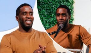 Diddy appears in a collage wearing a brown long-sleeve shirt—on the left, he stands with hands clasped; on the right, he speaks into a microphone against a green leafy backdrop.