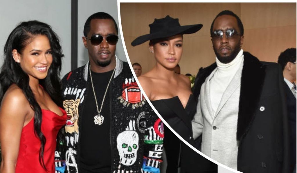 Diddy and Cassie appear at two separate high-profile events. In one, Cassie wears a red dress while Diddy sports a black jacket with colorful patches. In the other, Cassie dons a black strapless dress with a wide-brimmed hat, and Diddy pairs a light grey turtleneck with a black coat.