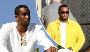 Rapper Diddy appears in two distinct looks: on the left, he sports a white shirt with a bold gold medallion necklace against a clear blue sky; on the right, he wears a yellow jacket over a white shirt, posed near a chain-link fence with another person in the background.