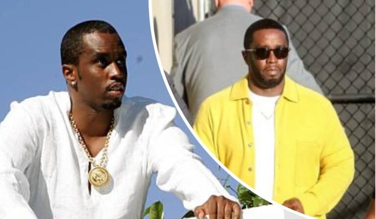 Rapper Diddy appears in two distinct looks: on the left, he sports a white shirt with a bold gold medallion necklace against a clear blue sky; on the right, he wears a yellow jacket over a white shirt, posed near a chain-link fence with another person in the background.