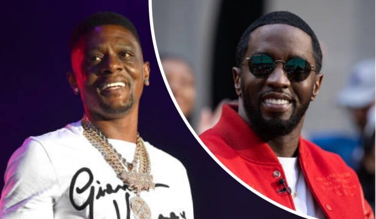 Boosie sports a white shirt with bold black text and layers of gold chains, while Diddy stands out in a red jacket paired with a white shirt.