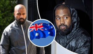 Kanye West appears in a shiny silver jacket in one frame and a black hooded jacket in another, with the Australian flag featured in the background, hinting at a link to Australia.