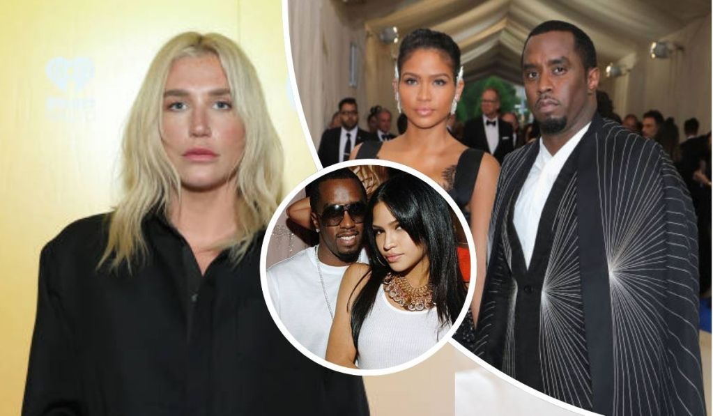 Kesha appears in a sleek black ensemble, Diddy sports a black and white patterned suit, and Cassie wears a white sleeveless top with a bold necklace, all set against a formal event backdrop.