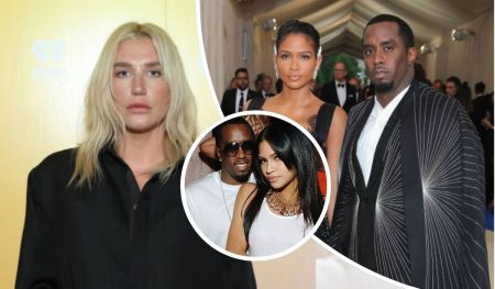 Kesha appears in a sleek black ensemble, Diddy sports a black and white patterned suit, and Cassie wears a white sleeveless top with a bold necklace, all set against a formal event backdrop.