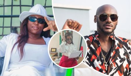 Cynthia Morgan poses in a white outfit and hat, making a hand gesture; Natasha Osawuru stands in an office holding a document, surrounded by plaques and flags; 2Face wears a patterned shirt with layered necklaces, raising a fist.