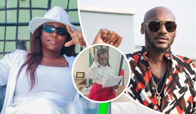 Cynthia Morgan poses in a white outfit and hat, making a hand gesture; Natasha Osawuru stands in an office holding a document, surrounded by plaques and flags; 2Face wears a patterned shirt with layered necklaces, raising a fist.