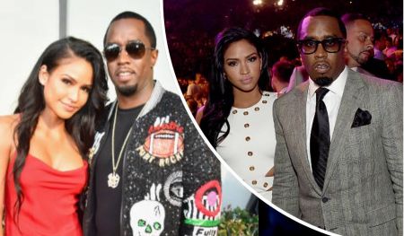 Diddy and Cassie appear in two stylish moments—first, with Cassie in a red dress and Diddy in a patch-adorned black jacket; then, at a formal event, Cassie wears a white dress with gold buttons while Diddy sports a sharp grey suit and black tie.