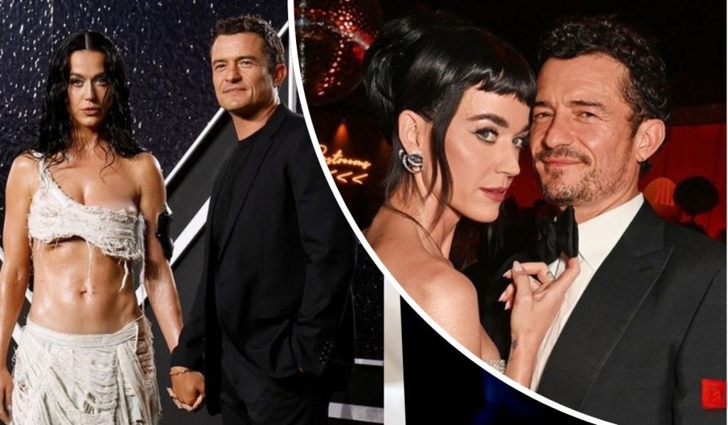 Katy Perry and Orlando Bloom are seen attending separate high-profile events, showcasing coordinated formal attire. In one scene, they hold hands, with Perry in a white toga-inspired outfit and Bloom in a black suit. In another, they appear deep in conversation, both dressed in elegant black ensembles.