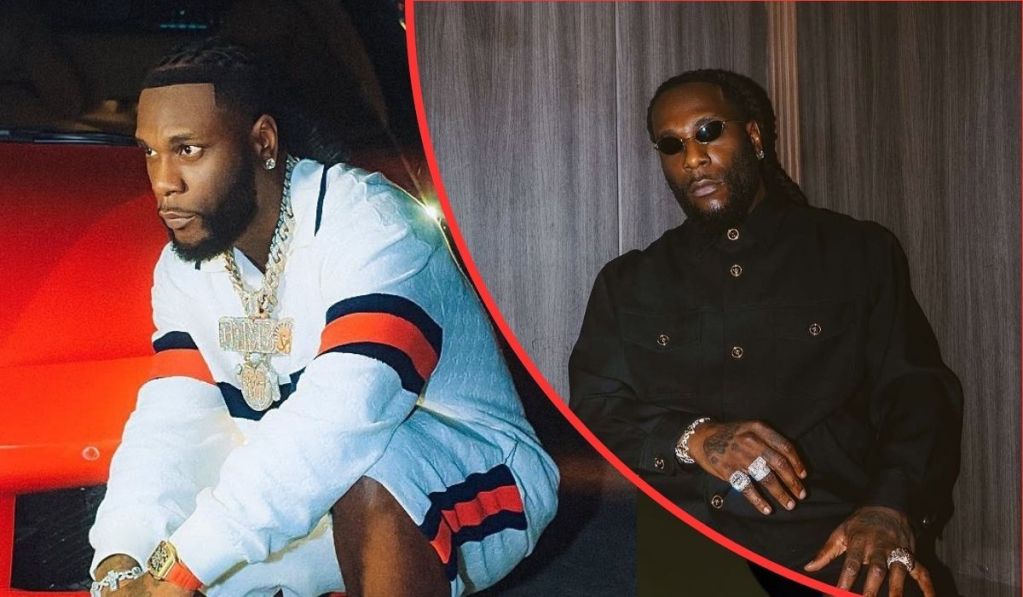 Burna Boy showcases his signature style in two distinct looks: a white tracksuit with orange and black stripes paired with gold jewelry in front of a red car, and a sleek black buttoned shirt with matching accessories against a wooden backdrop.