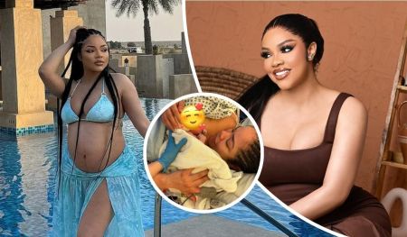 BBNaija star Nengi appears in a stylish light blue bikini with a sheer cover-up while standing in a pool, poses indoors in a chic brown sleeveless outfit, and is featured alongside a newborn cradled in gloved hands, symbolizing a tender personal milestone.