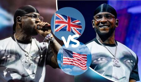 UK rapper Skepta performs energetically on stage, wearing a white shirt with a bold graphic and a chain necklace. The collage contrasts British and American flags, highlighting a cultural or musical comparison between the UK and US scenes. Vibrant lighting enhances the dynamic performance setting.