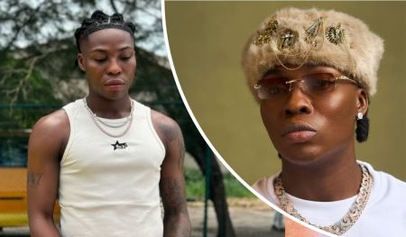 Reekado Banks showcases his versatile fashion sense in two distinct looks: one in a sleeveless white shirt with a star logo, revealing tattoos and a chain necklace in an outdoor setting; the other in a fur hat with gold embellishments, a white shirt, and a chunky chain necklace against a plain backdrop.