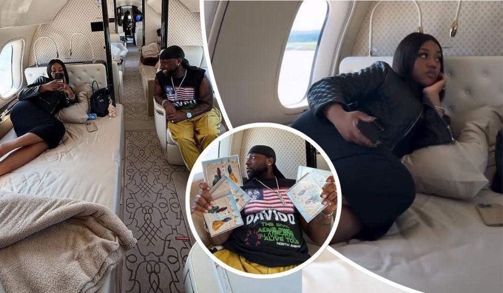 Davido and Chioma enjoy a lavish moment aboard a private jet—Chioma lounges comfortably with her phone while Davido, dressed in a stylish black tee and yellow pants, showcases cards to the camera. The plush interior and personal touches reflect their luxurious lifestyle.