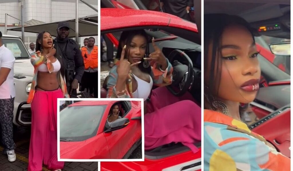 BBNaija star Tacha poses confidently in a white crop top, colorful jacket, and pink pants, first beside a white vehicle and later inside a red sports car, with security personnel and onlookers nearby.