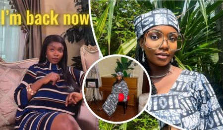 BBNaija star Peace Ogor appears in a vibrant collage of three scenes. In the central frame, she lounges on a plush couch in a stylish room, wearing a striped blue, white, and brown dress with the phrase “I'm back now” boldly displayed above. The top right captures her outdoors in a traditional outfit and headwrap, surrounded by lush greenery. The bottom center shows her seated indoors beside a piano, holding a red handbag, with elegant decor including a framed picture and potted plant.