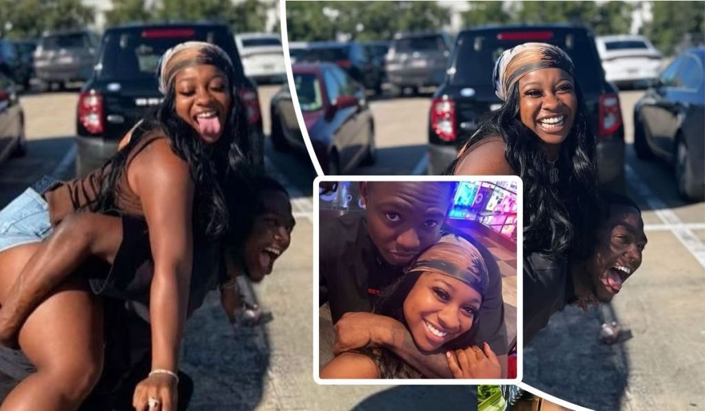 A collage showing Streamer Shank Comics and Lil Wayne's daughter Reginae Carter enjoying a playful day out, with one scene capturing them laughing in a parking lot, another showing a close-up of their joyful faces, and a third depicting them hugging affectionately indoors.