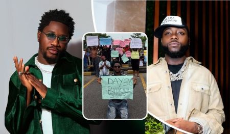 Skitmaker Nasboi appears in a green jacket with gold buttons and a white shirt, accessorized with rings and a necklace. Inset, he holds a "DAY 36 RIVERS STATE" sign among protesters. On the right, singer Davido wears a beige jacket over a black shirt, paired with a white cap and layered chains.