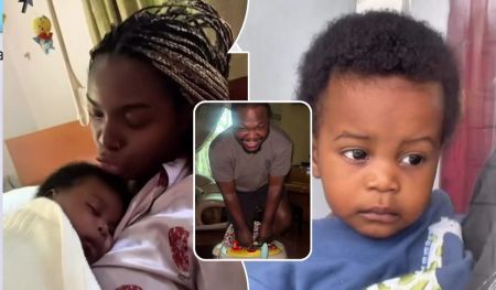 BBNaija star Peace Ogor poses in a white and red outfit, her husband tends to a baby walker in a cozy room, and their son, dressed in a blue patterned shirt, sits cheerfully in front of a red curtain.