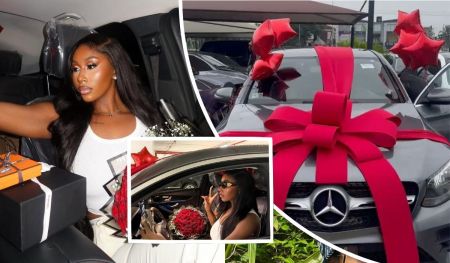 BBNaija star Nelly Mbonu celebrates her new Mercedes-Benz, decorated with a red bow and star-shaped balloons, while holding a bouquet of red roses and luxury gift boxes, including one from Chanel.