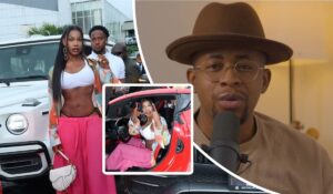 BBNaija star Tacha poses confidently in front of a white luxury vehicle, dressed in a white crop top, pink pants, and a vibrant jacket, with a white handbag in hand. She also appears seated in a red sports car, flashing a peace sign. Solomon Buchi is captured separately, wearing a brown hat and speaking into a microphone.