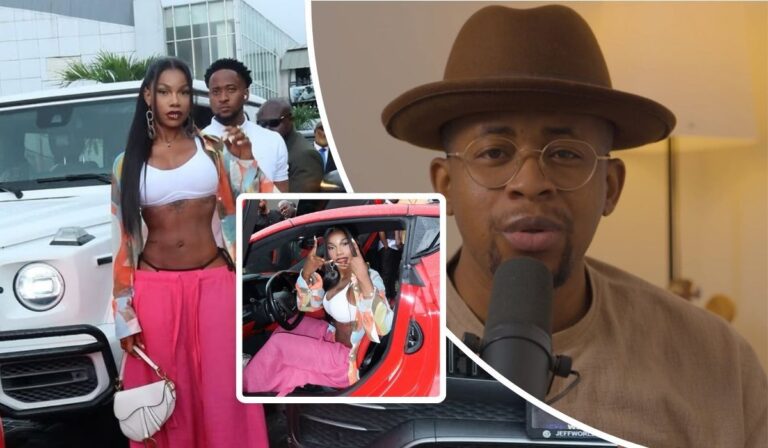 BBNaija star Tacha poses confidently in front of a white luxury vehicle, dressed in a white crop top, pink pants, and a vibrant jacket, with a white handbag in hand. She also appears seated in a red sports car, flashing a peace sign. Solomon Buchi is captured separately, wearing a brown hat and speaking into a microphone.