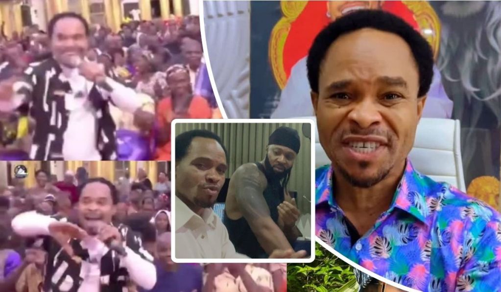 Prophet Odumeje performs energetically before a large congregation, poses with Flavour while flexing his arm, and appears seated in a colorful outfit against a vibrant backdrop.