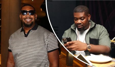 Don Jazzy appears in two distinct settings: standing in a checkered polo shirt with a black collar in a bright space with a column behind him, and seated at a table wearing a green jacket over a white shirt, accessorized with a gold chain and watch, while holding a smartphone beside a plate and documents.