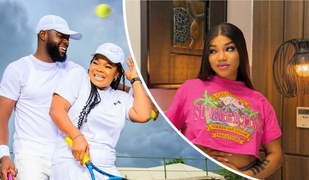 Rudy Ojiakor and her husband pose on a tennis court in matching white athletic outfits, holding rackets under a cloudy sky. Beside them, Chinelo Rita stands indoors in a pink crop top with a summery slogan, framed by warm lighting and wooden decor.