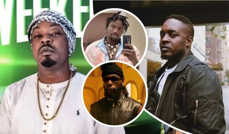 From left to right: Rapper Eedris in traditional attire with a patterned headscarf and gold chain; activist VDM taking a selfie in a colorful shirt; Burna Boy in a black sleeveless ALYX jacket; and rapper M.I. in a black jacket over a white shirt, standing in an urban setting.