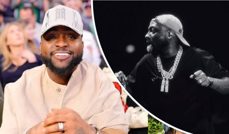 Nigerian singer Davido appears in two contrasting moments—seated at a public event in a beige outfit and "DB" cap, and mid-performance on stage, wearing layered diamond chains and exuding high energy. The collage captures his dual persona as both a public figure and dynamic performer.