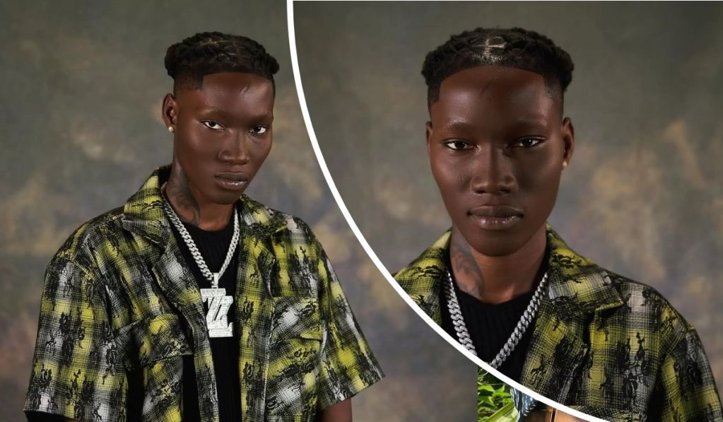 Zinoleesky sports a green and black patterned jacket over a black shirt, complemented by a diamond-encrusted "Z" pendant and a thick silver chain. His braided hairstyle and visible neck tattoo add to his distinctive look, set against a muted, artistic backdrop.