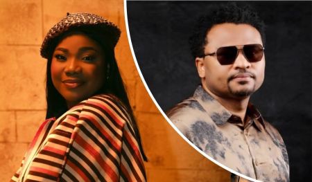 Gospel singer Mercy Chinwo stands in a stylish striped ensemble and patterned hat against a warm-toned backdrop, while EeZee T appears in a uniquely designed button-up shirt set against a darker background, both showcasing their distinct fashion and personalities.