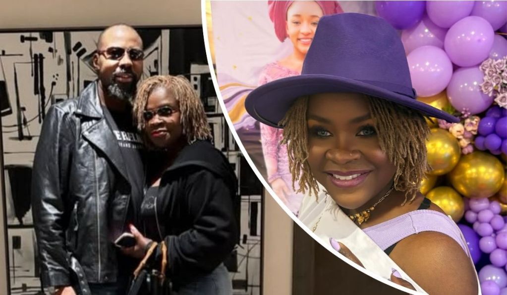 Linc Edochie stands beside Yinka Theisen, both dressed in black against a backdrop of abstract monochrome art. In a separate scene, Yinka appears in a vibrant purple dress and matching hat, posing before a festive arrangement of purple and gold balloons.