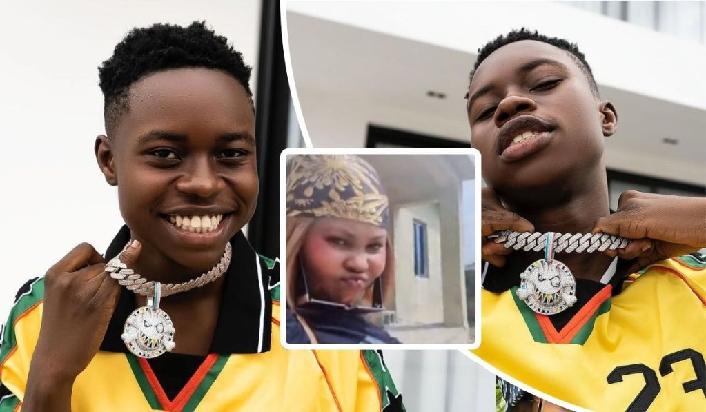 Tiktoker Peller sports a yellow and green jersey with the number 23, proudly displaying a vibrant pendant on a thick chain. Beside him, his mum appears in a floral headscarf, standing calmly in front of a building.