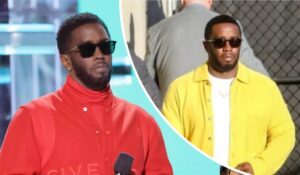 Rapper Diddy appears in two distinct looks: on the left, he sports a vibrant red jacket while holding a microphone; on the right, he wears a yellow jacket over a white shirt, posed in front of a chain-link fence.