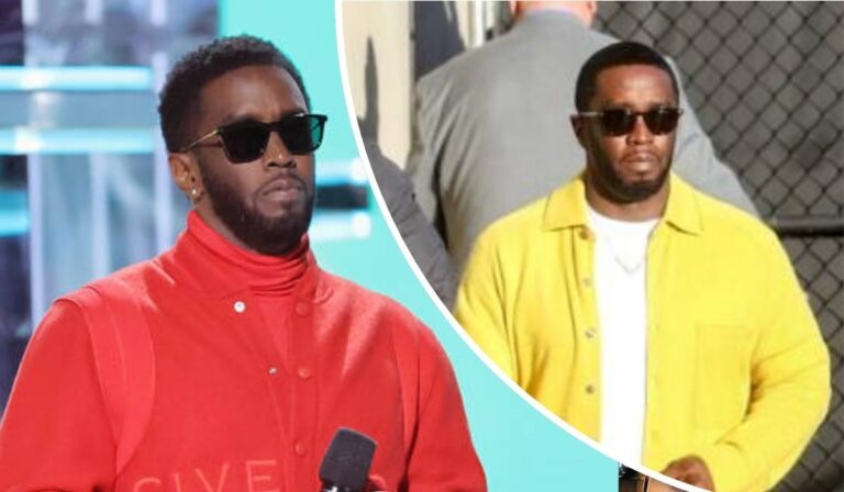 Rapper Diddy appears in two distinct looks: on the left, he sports a vibrant red jacket while holding a microphone; on the right, he wears a yellow jacket over a white shirt, posed in front of a chain-link fence.