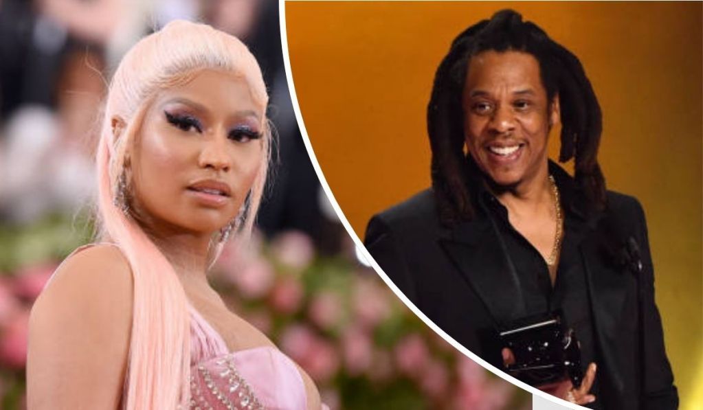 Nicki Minaj stuns in a dazzling pink gown with matching sleek hair embellished with glittering accents, while Jay Z stands poised in a sharp black suit, clutching a trophy against a radiant gold-toned backdrop.