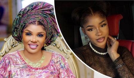 Iyabo Ojo dazzles in a vibrant traditional ensemble with intricate patterns and a grand headwrap, seated regally on an ornate golden chair. Priscilla Ojo complements the elegance with a sheer black floral top, pearl necklace, and a thoughtful pose inside a luxe red-leather vehicle.