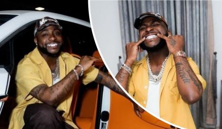 Davido is styled in a vibrant yellow shirt, layered with gold jewelry, posing confidently beside a sleek luxury car with an orange interior and in another setting draped with curtains. His tattoos and accessories add flair to the composition.