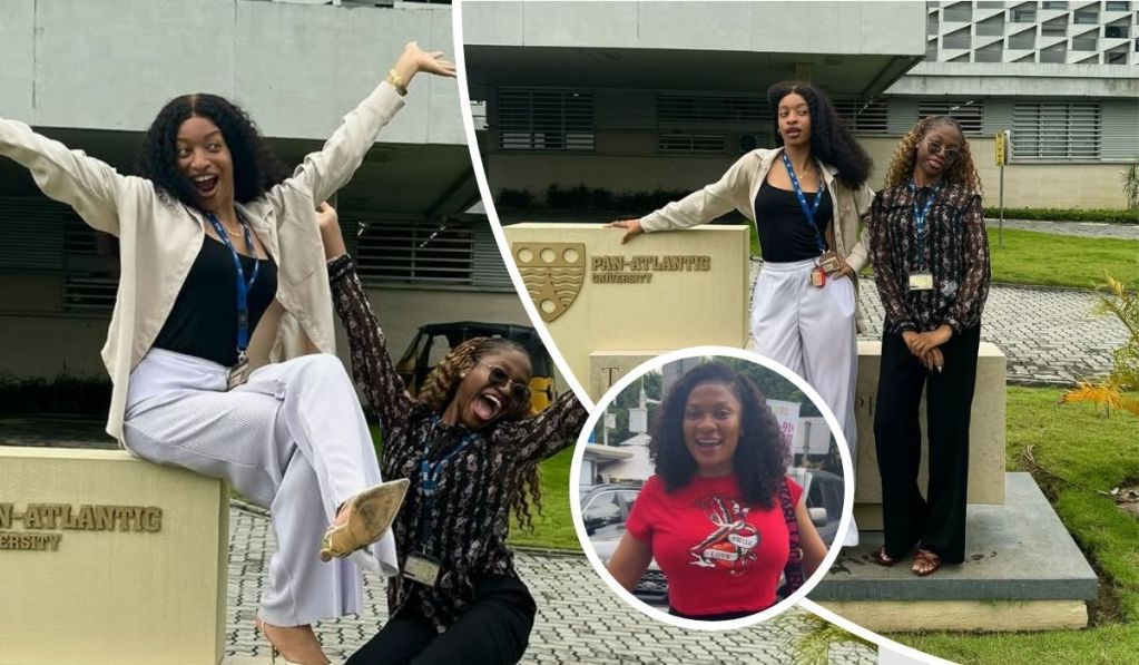 Danielle Dubem Edochie and her friend beam with joy at Pan-Atlantic University, flanking May Edochie, who stands confidently in a graphic red shirt. The trio exudes warmth, pride, and familial support amid a celebratory campus moment.